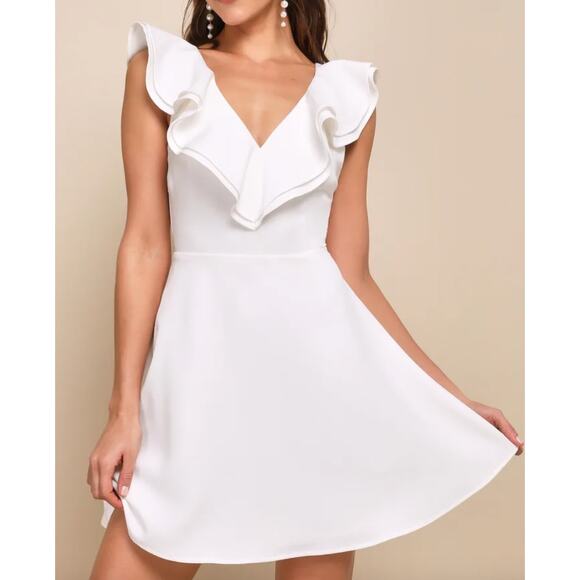 Lulus Divine Darling Ruffle Skater Dress NWT Women's Sz S White Wedding Mini - Picture 1 of 8